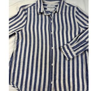 LOLA‎ RIVER Women's Blue White Stripe Linen Blend Button Down Shirt Top Size L